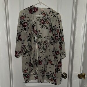 Dizzy Floral Sheer Kimono - Ivory with Burgundy & Green